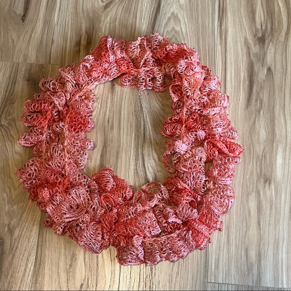 New Handmade Crochet Coral Colored Sequined Twirly Scarf 76” Long - Picture 9 of 14